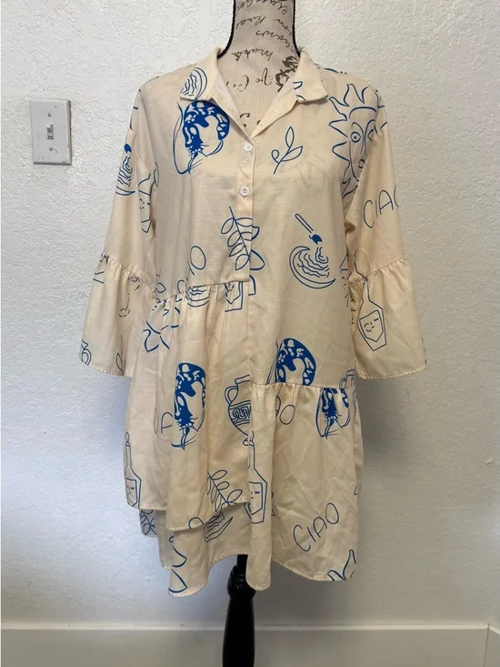 Commense "Ciao" Graphic Print Mini Dress - XS - Bell Sleeve & Tiered Hem - Picture 6 of 14